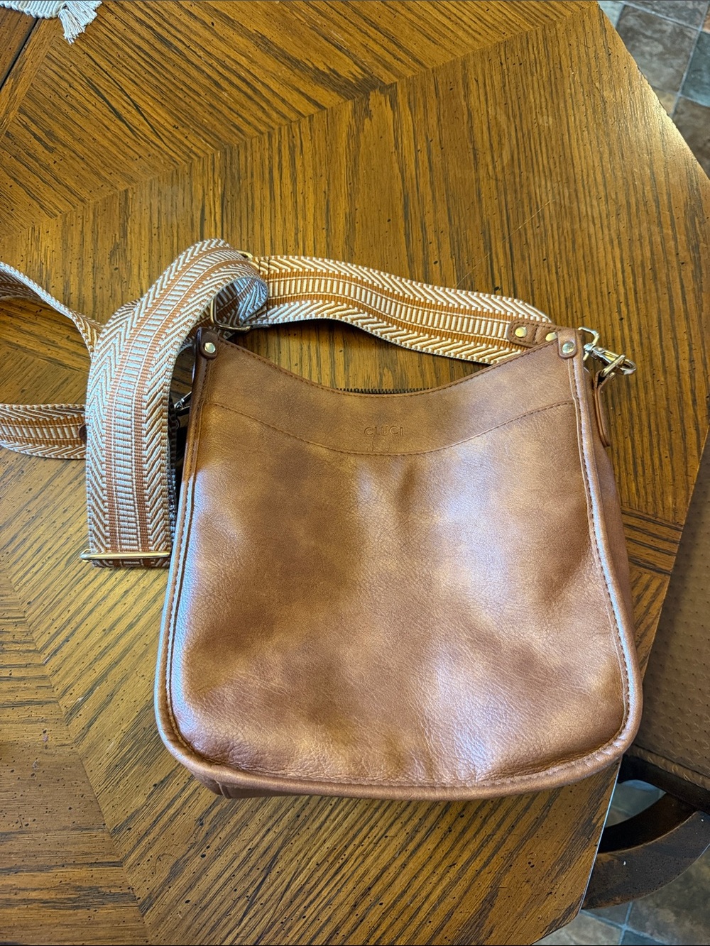 Everyday Leather Crossbody with Patterned Strap - Brown
